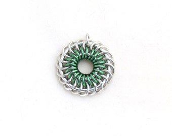 Mint Green Pendant, Chain Maille Pendant, Jump Ring Jewelry, Aluminum Jewelry, Spiral Pendant