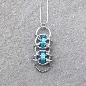 Blue Pendant, Turquoise Glass Pendant, Chain Maille Glass and Stainless Steel, Jump Ring Jewelry image 3