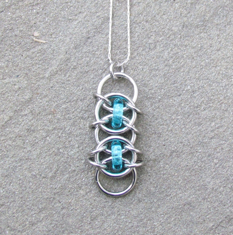 Blue Pendant, Turquoise Glass Pendant, Chain Maille Glass and Stainless Steel, Jump Ring Jewelry image 3