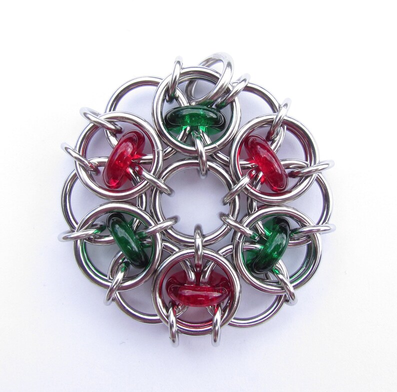 Glass Pendant, Christmas Ornament, Chain Maille Pendant, Glass Ornament, Red And Green image 1