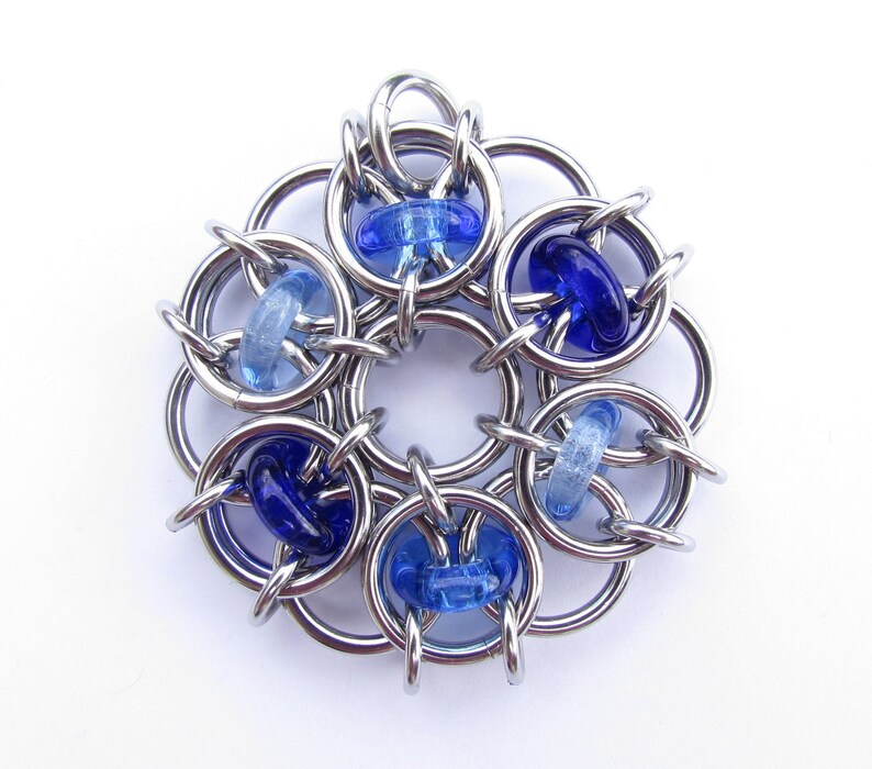 Blue Pendant, Glass Pendant, Chain Maille Pendant, Shades of Blue Glass Jewelry image 1