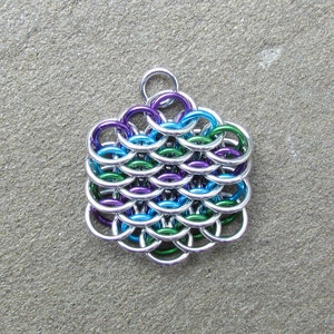 Multicolor Pendant, Chain Mail Pendant, Purple Turquoise Green, Mini Dragonscale Pendant, Jump Ring Pendant image 2