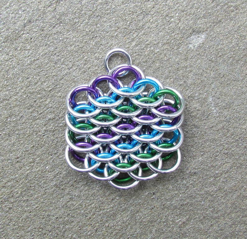 Multicolor Pendant, Chain Mail Pendant, Purple Turquoise Green, Mini Dragonscale Pendant, Jump Ring Pendant image 2
