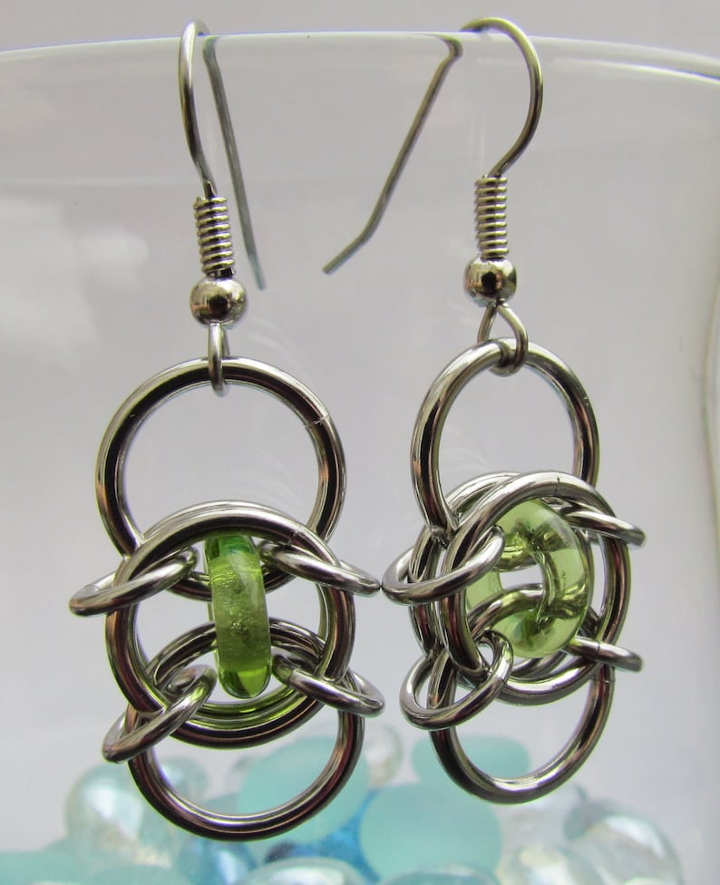 Peridot Earrings Glass Earrings Green Jewelry Chain Maille - Etsy