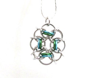 Blue and Green Pendant, Chain Maille Jewelry, Jump Ring Jewelry, Multicolor Pendant, Pastel Necklace