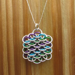 Multicolor Pendant, Chain Mail Pendant, Purple Turquoise Green, Mini Dragonscale Pendant, Jump Ring Pendant image 4