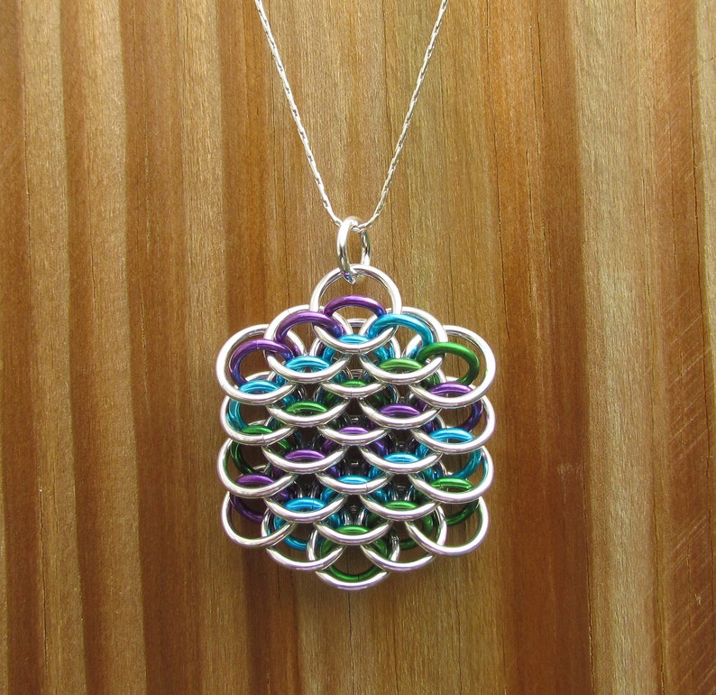 Multicolor Pendant, Chain Mail Pendant, Purple Turquoise Green, Mini Dragonscale Pendant, Jump Ring Pendant image 4