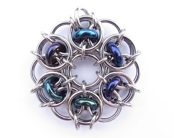 Chain Maille Pendant, Glass Pendant, Blue Pendant, Blue Glass Jewelry, Steel Jewelry