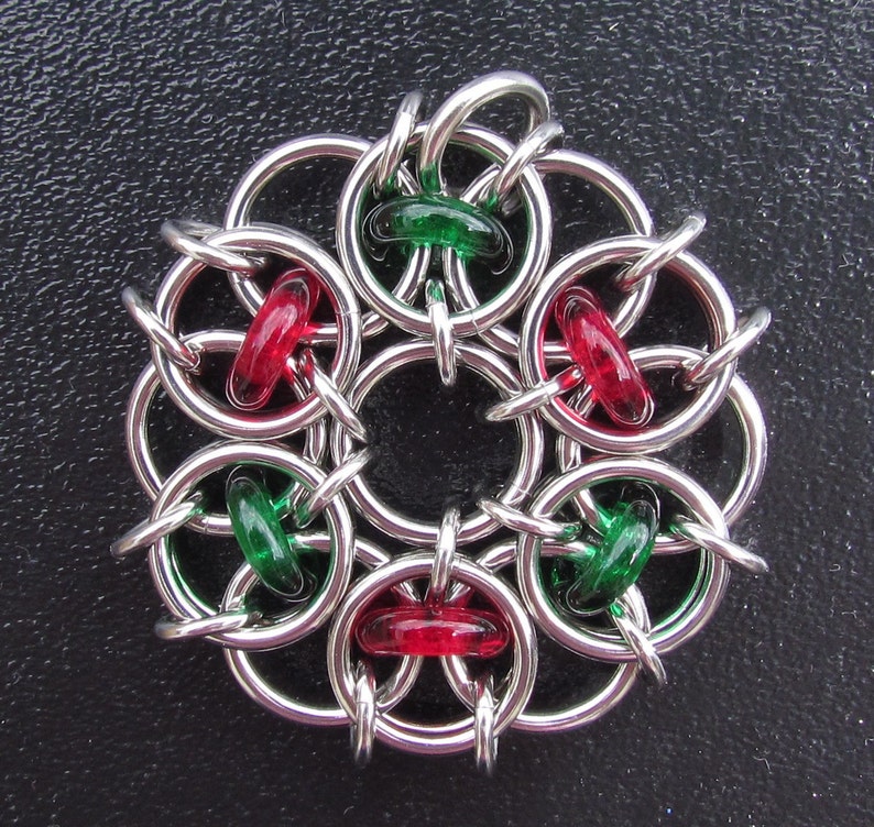 Glass Pendant, Christmas Ornament, Chain Maille Pendant, Glass Ornament, Red And Green image 2