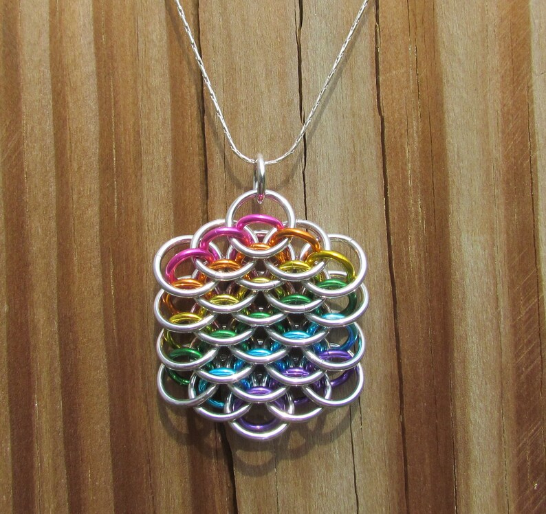 Chain Mail Pendant, Rainbow Jewelry, Mini Dragonscale Pendant, Multicolor Pendant, Jump Ring Jewelry image 3