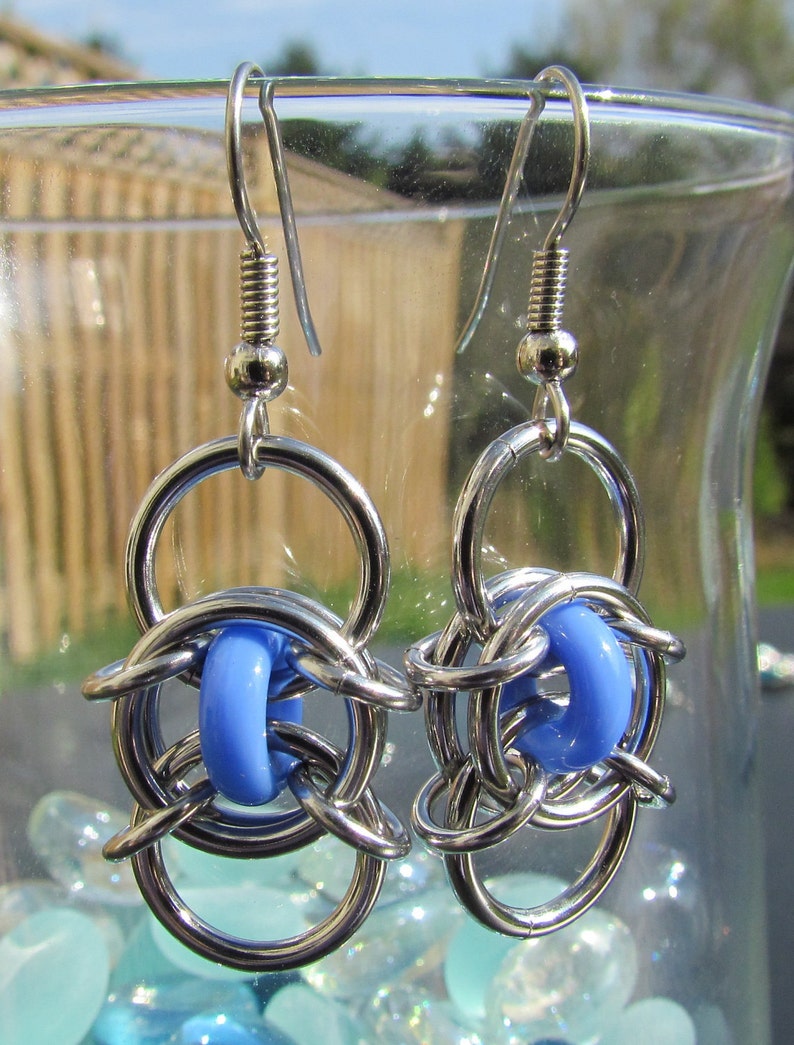 Chain Maille Earrings, Glass Jewelry, Blue Earrings, Handmade Earrings, Blue Glass Earrings image 3