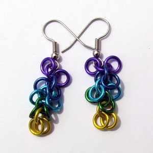 May include: A pair of handmade earrings with a chainmaille design, featuring a cascade of colourful metal rings. The earrings display a gradient of colours, including purple, blue, green, and gold, suspended from silver-tone ear wires.