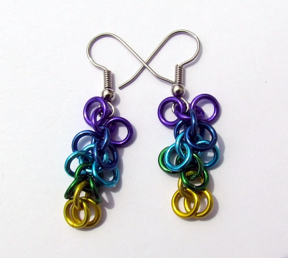 Chain Maille Earrings, Shaggy Loops, Multicolor Earrings, Purple Blues Green Yellow, Jump Ring Jewelry