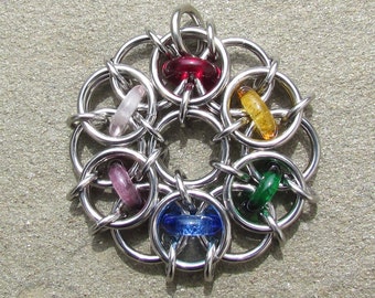 Rainbow Pendant, Chain Maille Pendant, Glass Jewelry, Multicolor Jewelry