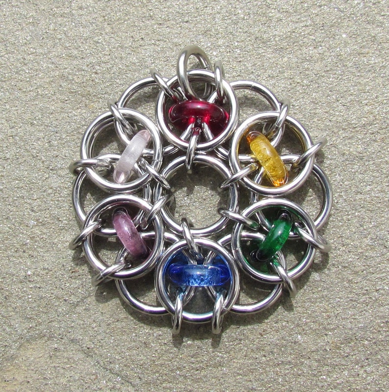Rainbow Pendant, Chain Maille Pendant, Glass Jewelry, Multicolor Jewelry image 1