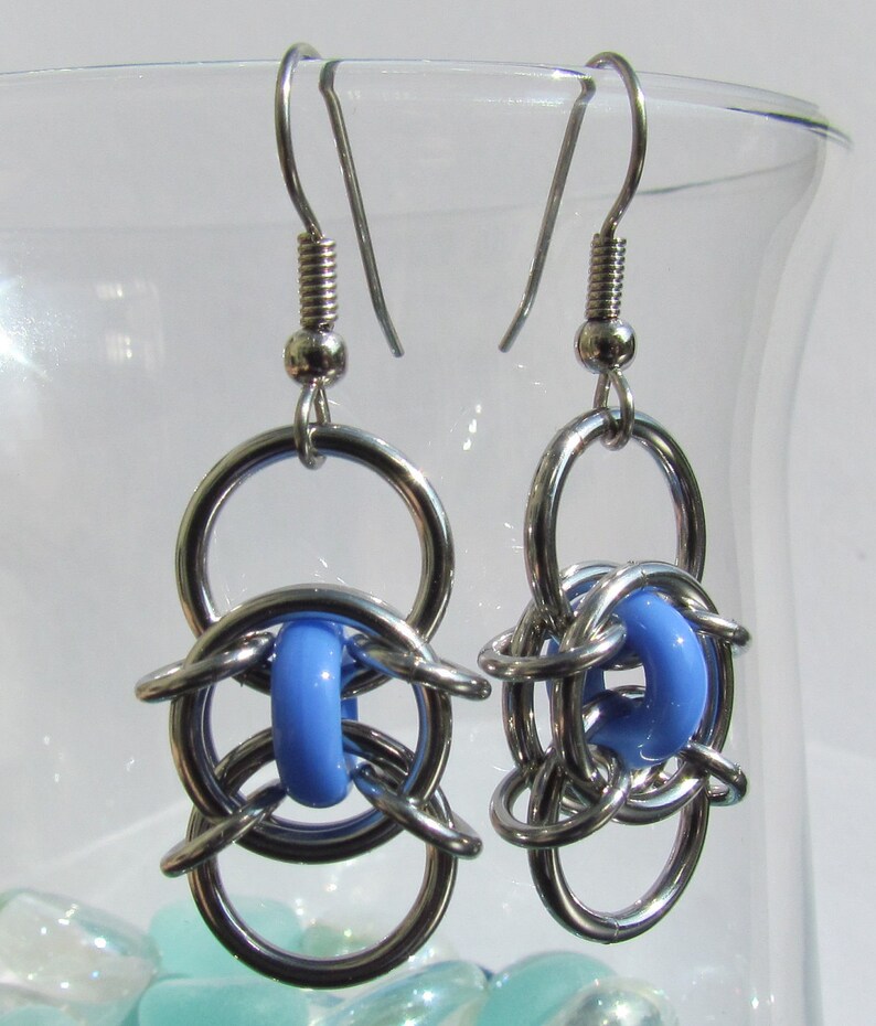 Chain Maille Earrings, Glass Jewelry, Blue Earrings, Handmade Earrings, Blue Glass Earrings image 1