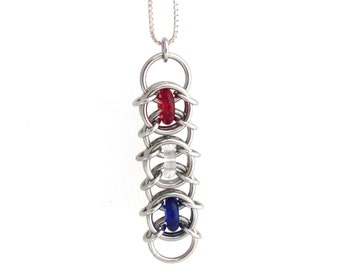 Chain Maille Pendant, American Pendant, Glass Pendant, Red White and Blue Glass Jewelry