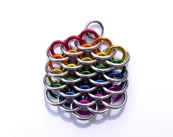 Chain Maille Pendant, Rainbow Jewelry, Multicolor Necklace, Mini Dragonscale Pendant