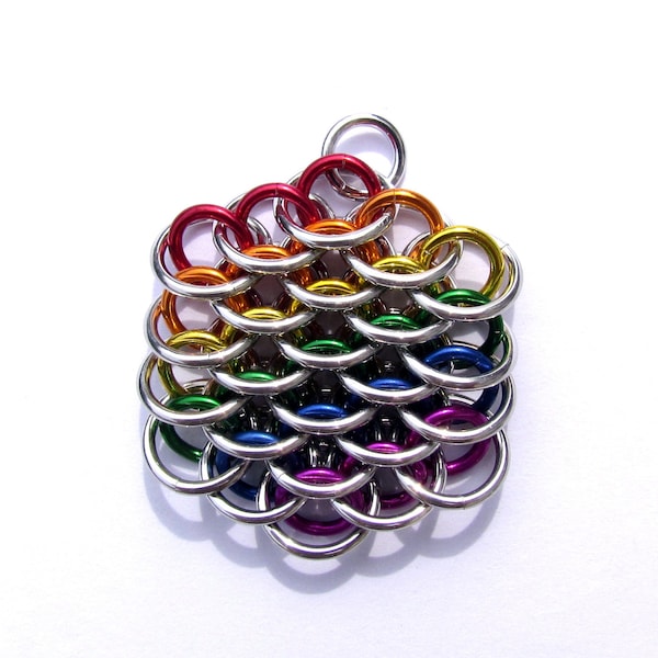 Chain Maille Pendant, Rainbow Jewelry, Multicolor Necklace, Mini Dragonscale Pendant