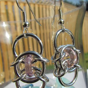 Chain Maille Earrings, Purple Earrings, Light Amethyst Glass Earrings, Purple Glass Jewelry image 2
