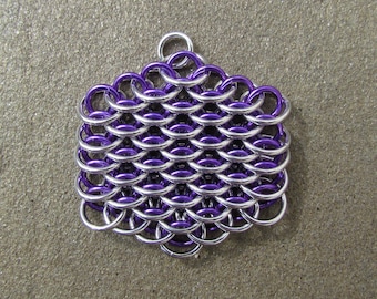 Chain Maille Pendant, Purple Pendant, Dragonscale Pendant, Purple and Bright Aluminum, Jump Ring Jewelry