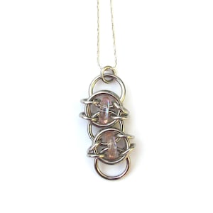 Chain Maille Pendant, Pink Pendant, Glass Pendant, Stainless Steel and Glass Jewelry