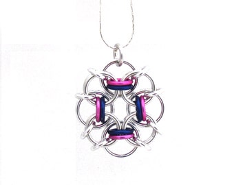 Pink and Blue Chain Maille Pendant, Multicolor Pendant, Jump Ring Jewelry, Multicolor Jewelry