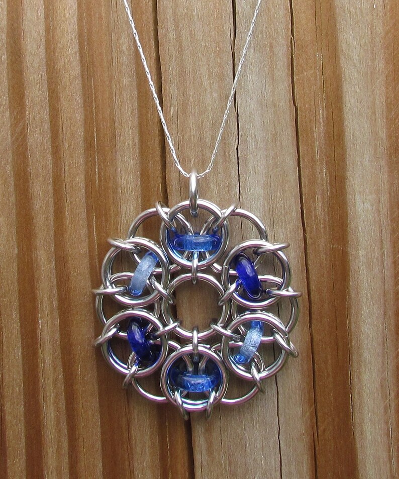 Blue Pendant, Glass Pendant, Chain Maille Pendant, Shades of Blue Glass Jewelry image 4