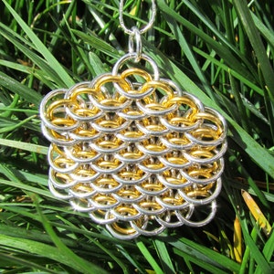 Chain Maille Pendant, Dragonscale Pendant, Gold Colored and Bright Aluminum Jump Ring Jewelry image 3