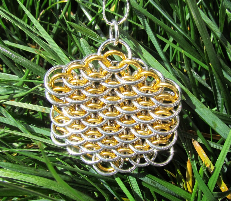 Chain Maille Pendant, Dragonscale Pendant, Gold Colored and Bright Aluminum Jump Ring Jewelry image 3