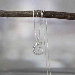 Puede incluir: Un collar con colgante plateado con diseño de espiral. El colgante, de forma lisa y curvada con centro arremolinado, cuelga de una fina cadena. El collar se presenta sobre un fondo borroso y neutro, sugiriendo un estilo minimalista.