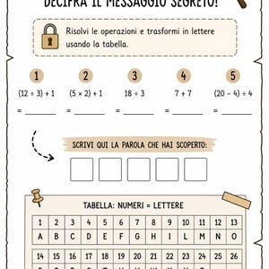 May include: A worksheet with the title "INDizio 1" and instructions to decipher a secret message. It includes math problems, spaces for answers, and a table to convert numbers to letters. A magnifying glass and a treasure map are also shown.