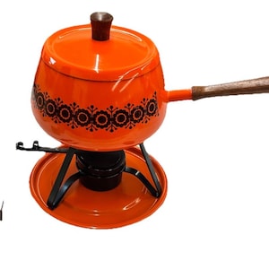 MCM Fondue Pot Set Orange Floral Print Japan 1970 Retro 6 Color Skewer Forks
