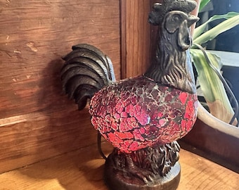 Vintage Bronze Tone Rooster Mosaic Glass Accent Lamp Kitchen Night Light 8"