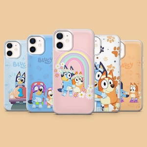 May include: A collection of five phone cases featuring cartoon dog characters. The cases display various designs, including a rainbow, paw prints, and the number one. The color palette includes blue, pink, orange, and white.