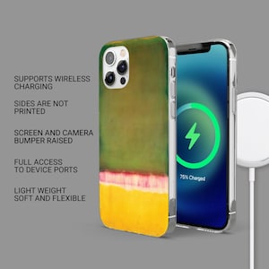 Pode incluir: Uma capa de telefone com um design abstrato em tons de verde, vermelho e amarelo. A tela do telefone exibe um s&iacute;mbolo de carregamento. O texto na capa diz: Suporta carregamento sem fio, As laterais n&atilde;o s&atilde;o impressas, P&aacute;ra-choques de tela e c&acirc;mera levantados, Acesso total &agrave;s portas do dispositivo, Leve, macio e flex&iacute;vel.