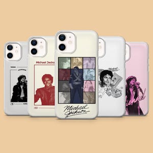 May include: Five phone cases showcasing images of Michael Jackson. The designs include portraits, collages, and text. The colour scheme features black, white, red, and pink. Some cases display the artist's name in a prominent position.