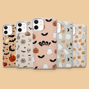 Capa de celular de Halloween com fantasma, abóbora e morcego fofo e assustador para iPhone 17, 16, 15, 14, 13, Samsung S25 Ultra, S24, S23 FE, A54, A34, A15, A14, Pixel 9 Pro e 8A.