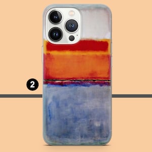 Pode incluir: Capa de telefone transparente com pintura abstrata. O design apresenta faixas horizontais de cores: branco, vermelho, laranja, uma fina linha preta e azul. A capa tem um recorte para a c&acirc;mera.