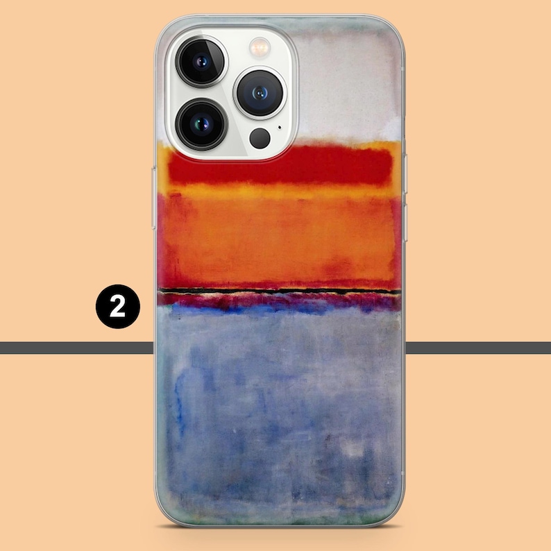 Pode incluir: Capa de telefone transparente com pintura abstrata. O design apresenta faixas horizontais de cores: branco, vermelho, laranja, uma fina linha preta e azul. A capa tem um recorte para a c&acirc;mera.