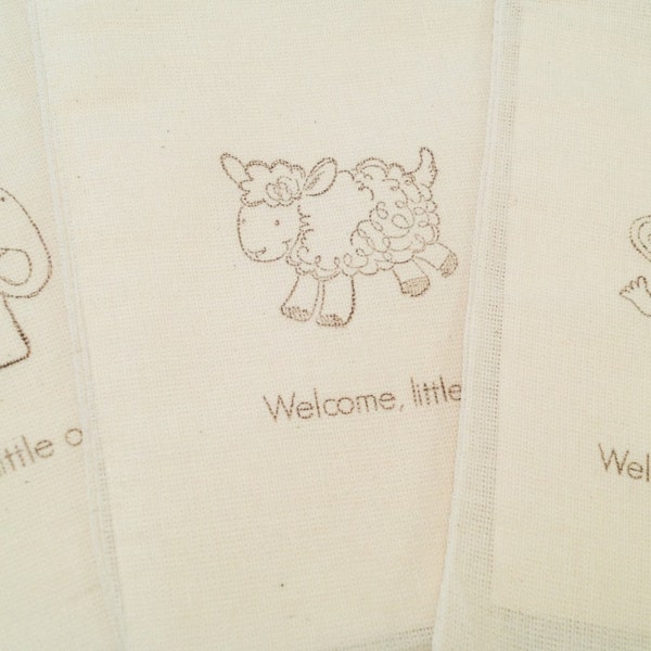 Baby Shower Favor Bags-lamb sheep monkey elephant Muslin Bags-Baby shower Favors-Set of 10