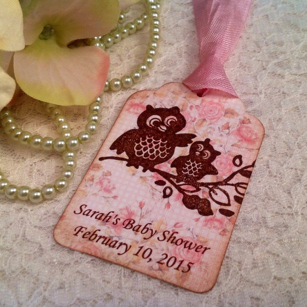 Shabby Chic Owl Baby Shower Favor Tag-personalized Baby Girl Shower Tea Thank You Tag-Set of 12