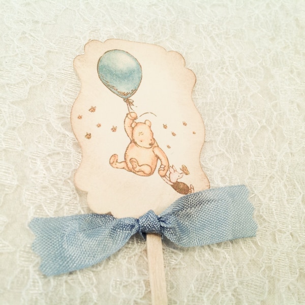 Cupcake Toppers Picks-Pooh Piglet Blue Balloon Cupcake Picks-Baby Shower Picks and Decorations-Bridal Luncheon Food Picks-Set of 12