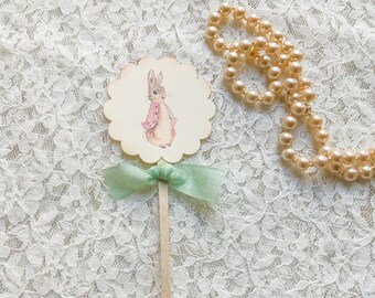 Flopsy Bunny Cupcake Topper - Peter Rabbit Pink Jacket Cupcake Pick Toppers Labels-Beatrix Potter Cake Toppers-Set of 12