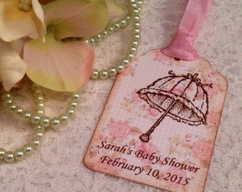 Baby Girl Parasol Umbrella Tags-Shabby Chic Baby Shower Favor Tag-Personalized Baby Girl Shower Tea Thank You Tag-Set of 12