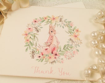 Peter Rabbit Thank You Note Cards-Girl Baby Shower Thank You Notes-Pink floral note cards-Set of 10