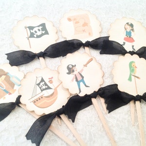 Birthday Cupcake Picks Toppers-Pirate Birthday Party Favors Treats Toppers-Treasure Map Pirate Ship Skull and Crossbones-Set of 24