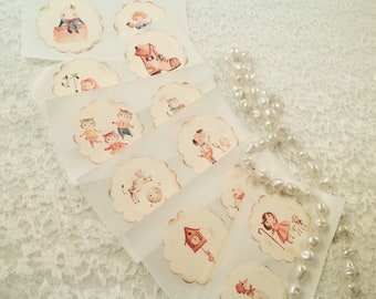 Nursery Rhyme Stickers-Humpty Dumpty Little Bo Peep Three Little Kittens-Baby Shower Favors Decor-Set of 12