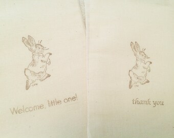 10 Peter Rabbit Muslin Bags, just perfect for baby showers and announcements-Drawstring bags 4x6