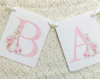 Peter Rabbit Baby Shower Banners for Girls-Personalized Banners Signs-Pink Peter Rabbit Banner-Flopsy Banner